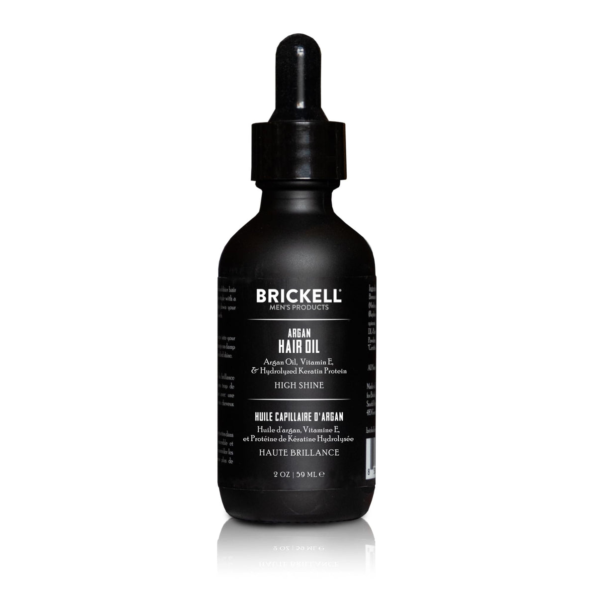 Brickell Men's Argan Oil for Hair bottle closeup—lightweight hydration for healthier shine