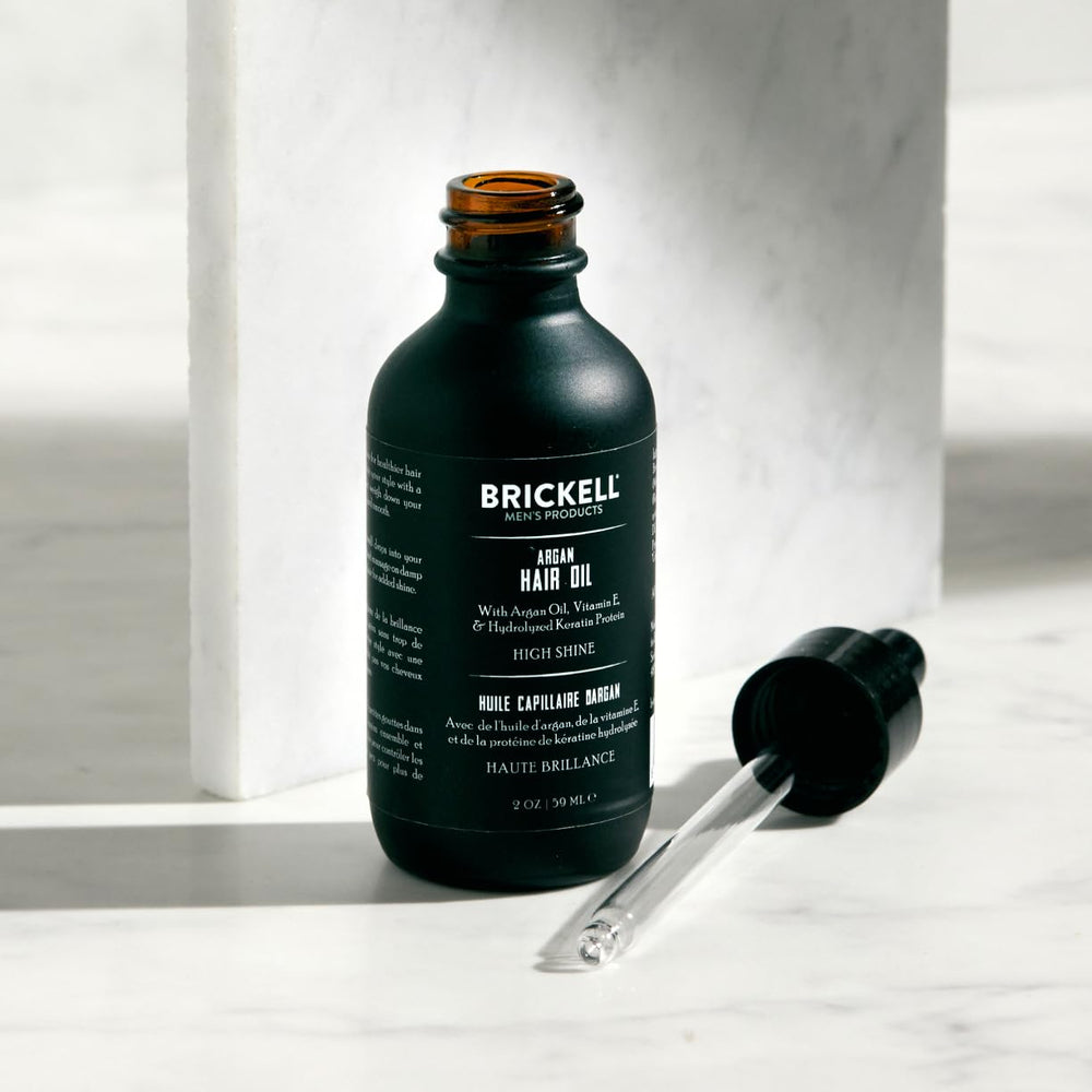Brickell Argan Oil for Hair ingredients panel shows Argan Oil and Vitamin E