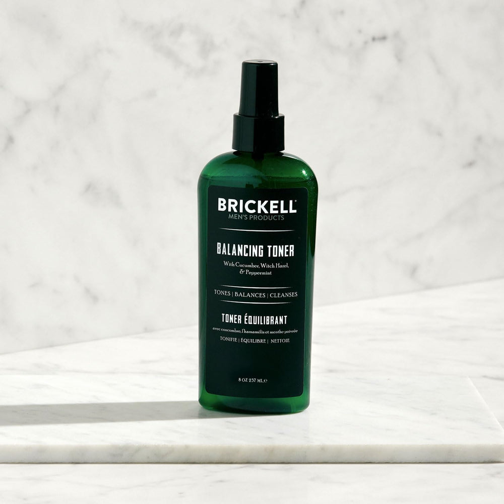 Brickell Men's Balancing Toner label closeup shows natural and organic ingredients