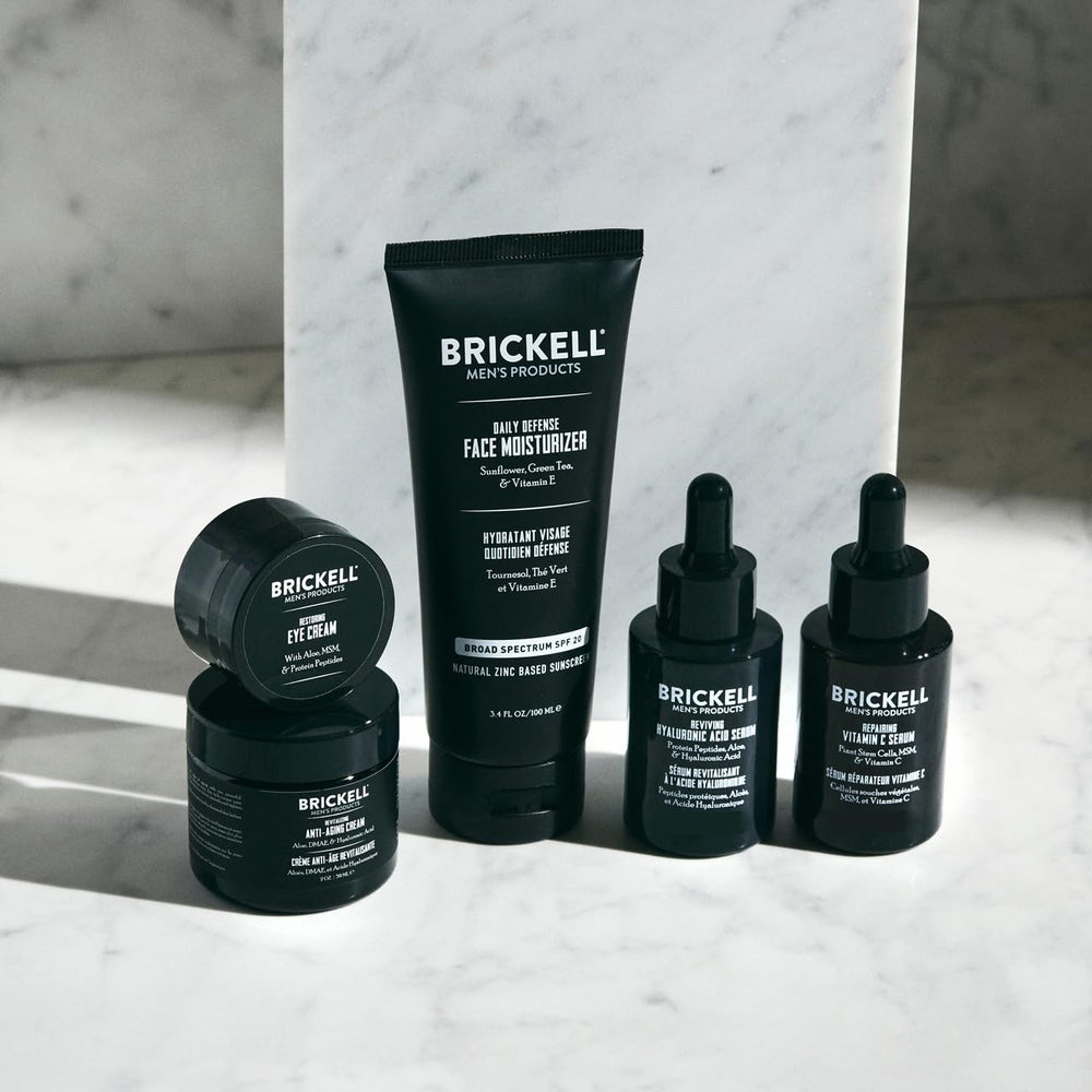 Brickell Men's Complete Defense Eye Cream tube addressing under-eye concerns