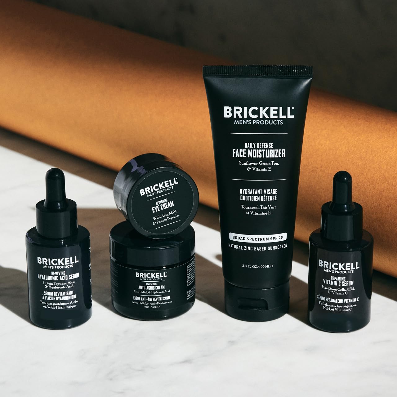 Brickell Men's Complete Defense SPF Facial Moisturizer bottle for all-day protection.