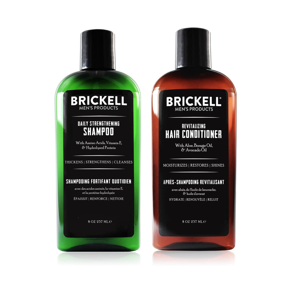 Brickell Men's Daily Revitalizing Hair Set conditioner bottle pump for added volume and shine.