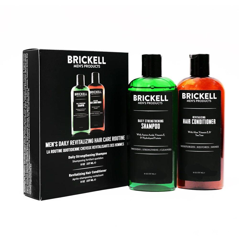 Brickell Men's Daily Revitalizing Hair Set shampoo bottle pour for refreshing cleanse.
