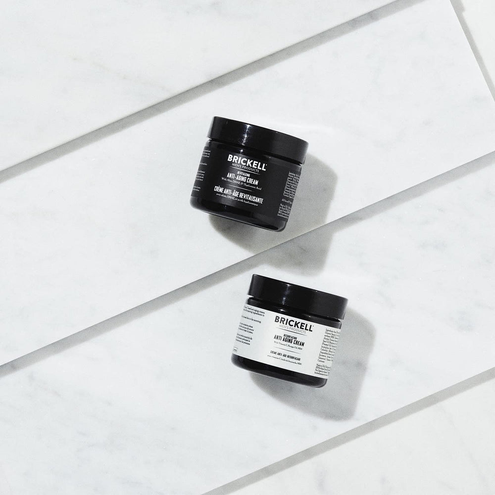 Brickell Men's Day and Night routine key ingredients collage featuring aloe, Vitamin C, and green tea.