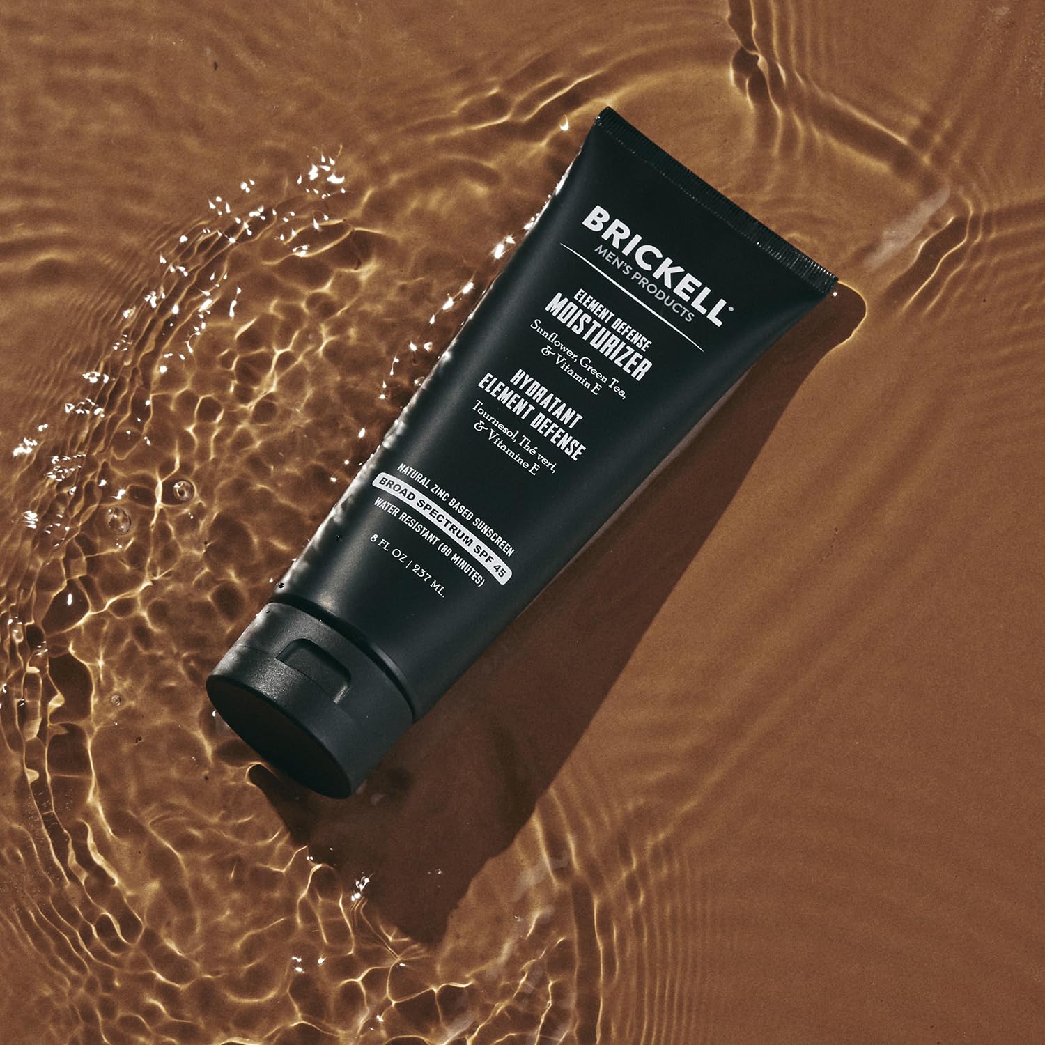 Brickell Men's Element Defense SPF45 texture swatch showing light, non-greasy formula.