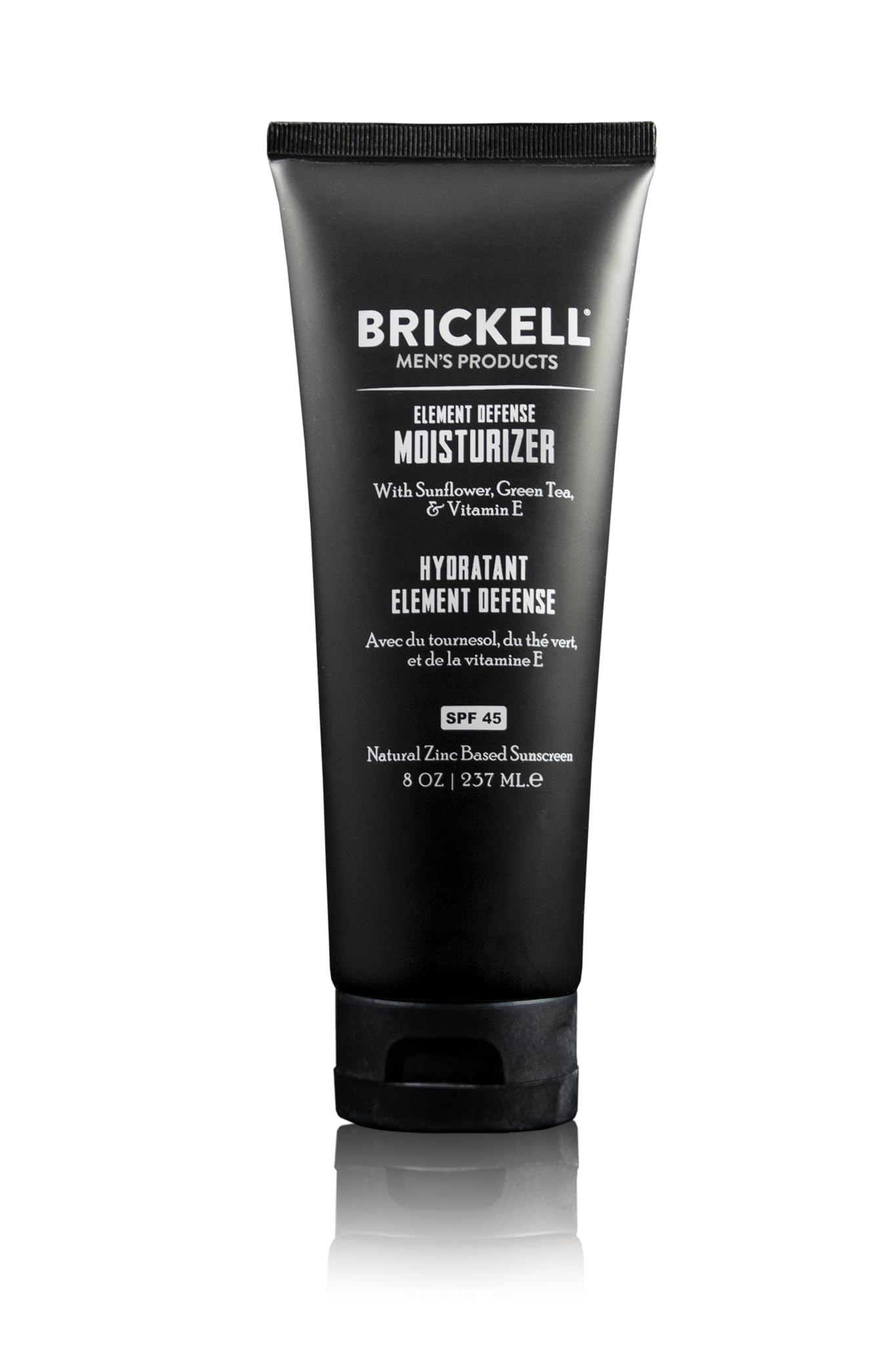Brickell Men's Element Defense SPF45 tube packaging for easy, mess-free outdoor protection.