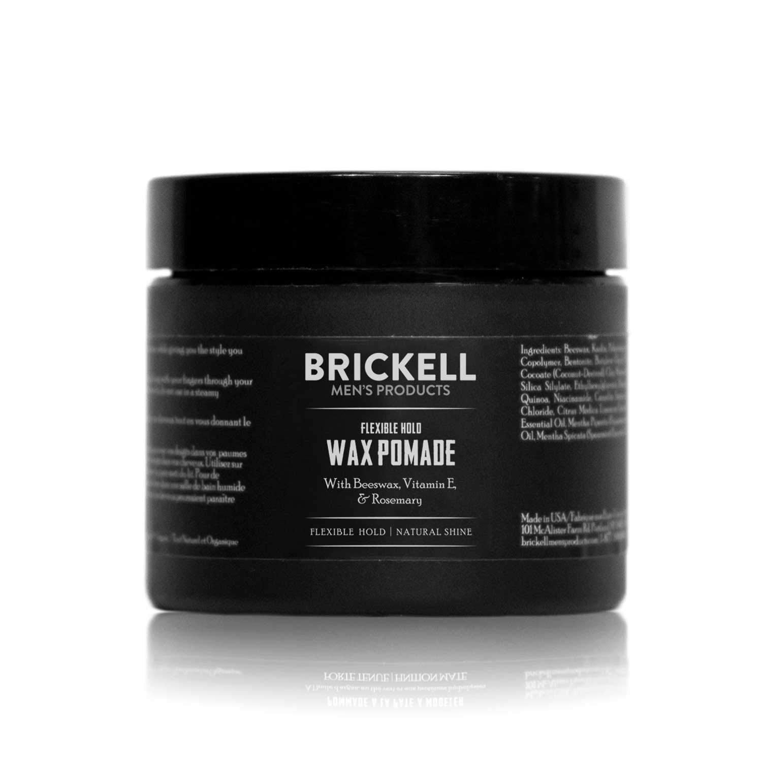 Brickell Men's Flexible Hold Wax Pomade jar shows natural shine with flexible hold.