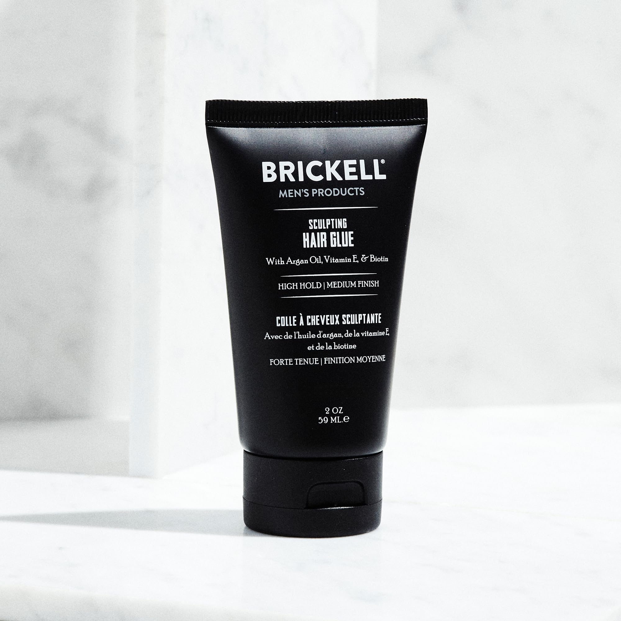 Brickell Hair Glue application demonstrating sculpt and hold