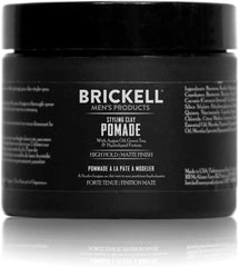 Brickell Men's Hair Styling Clay Pomade bottle closeup showing natural hold for all hair types