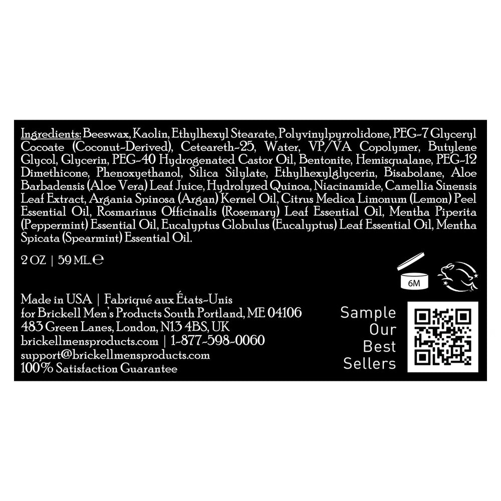 Brickell Men's Hair Styling Clay Pomade ingredients panel featuring green tea extract