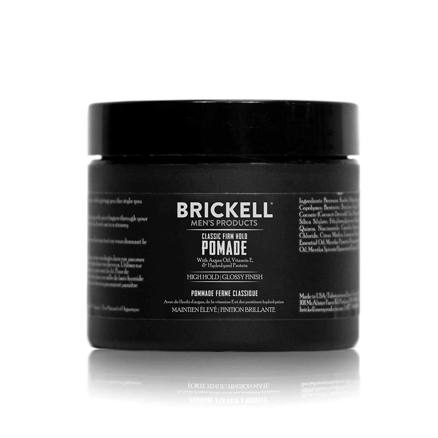 Brickell Men's Hair Styling Firm Hold Pomade bottle close-up for strong, residue-free shine.
