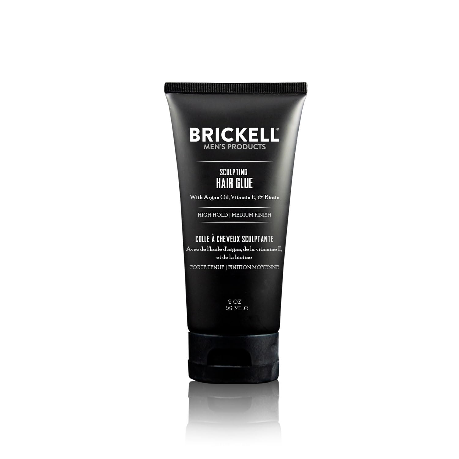 Brickell Men's Hair Glue bottle showing all-day hold for textured styles