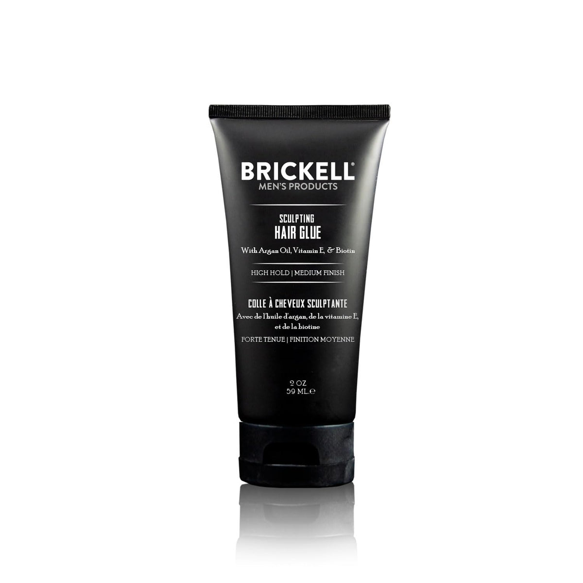 Brickell Men's Hair Glue bottle showing all-day hold for textured styles