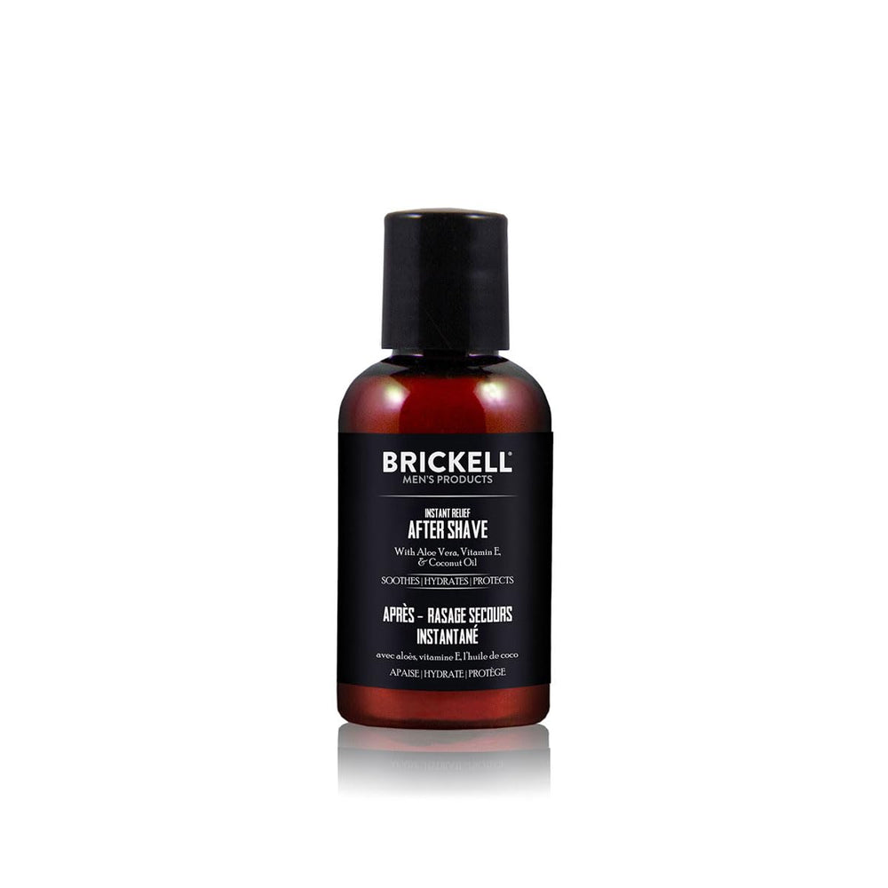 Brickell Men's Instant Relief Aftershave 2oz bottle shown, delivering calming hydration after shaving.
