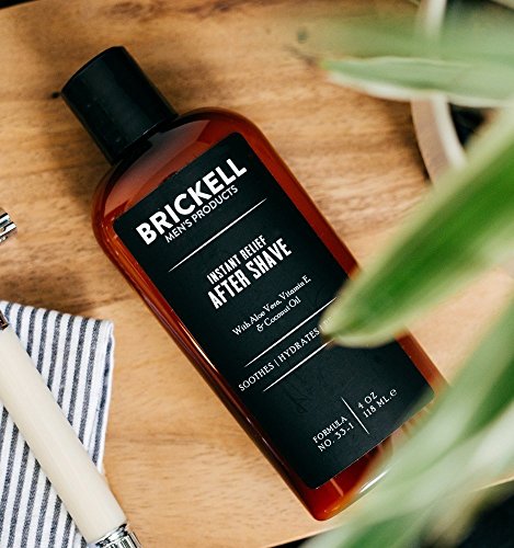 Brickell Men's Instant Relief Aftershave packaging highlighting unscented formula and natural ingredients