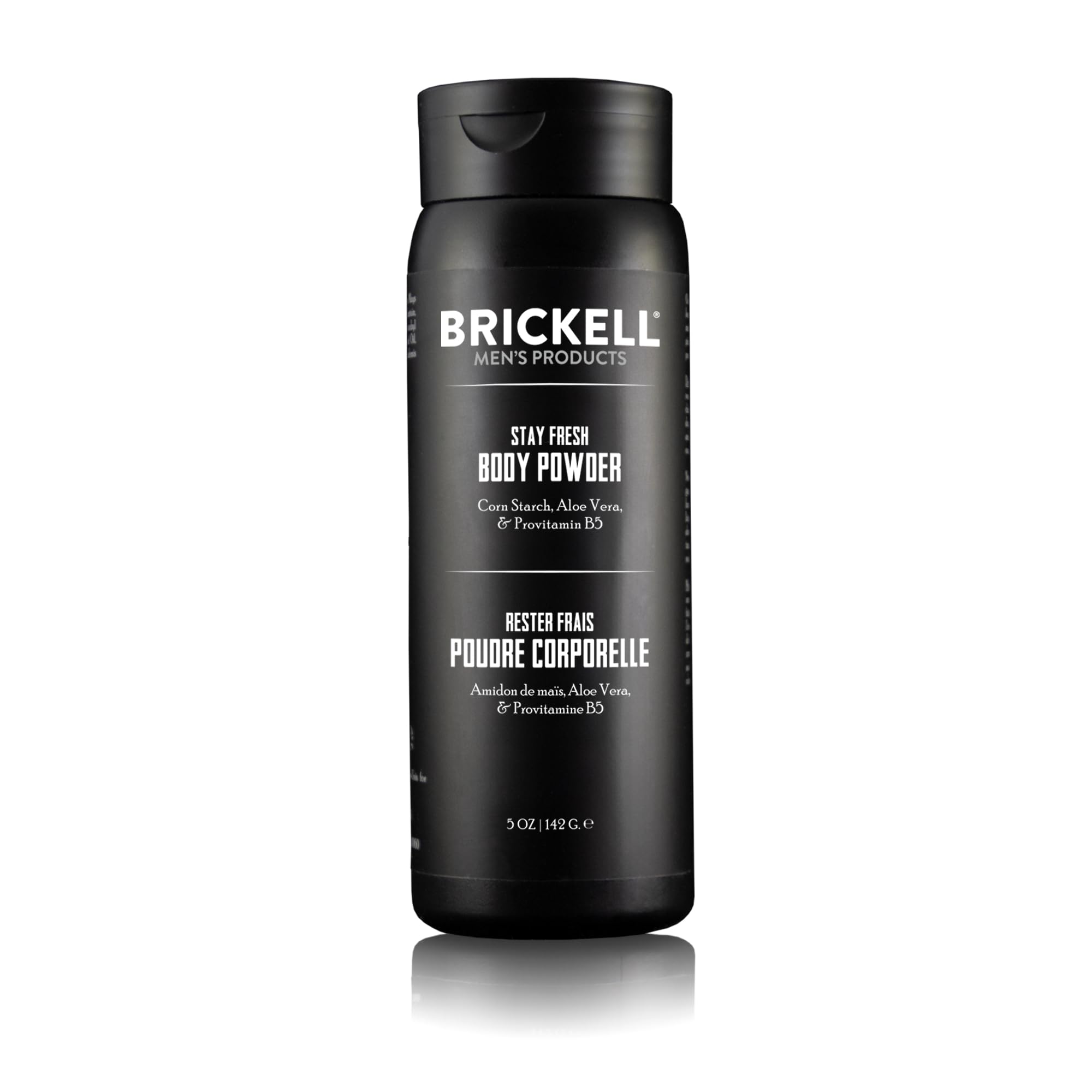 Brickell Stay Fresh body powder application demonstrates moisture absorption during workouts.