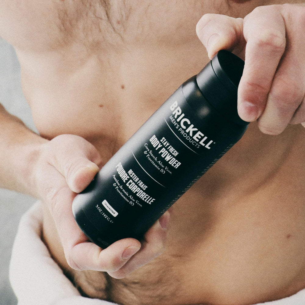 Brickell Stay Fresh unscented powder provides fragrance-free comfort for daily routines.