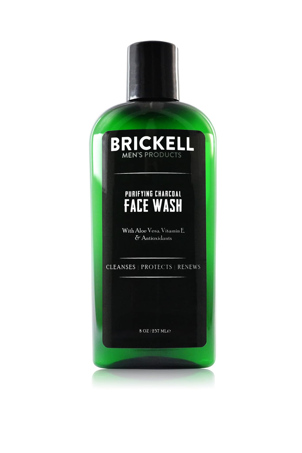 Brickell Men's Purifying Charcoal Face Wash bottle closeup highlighting a refreshing cleanse