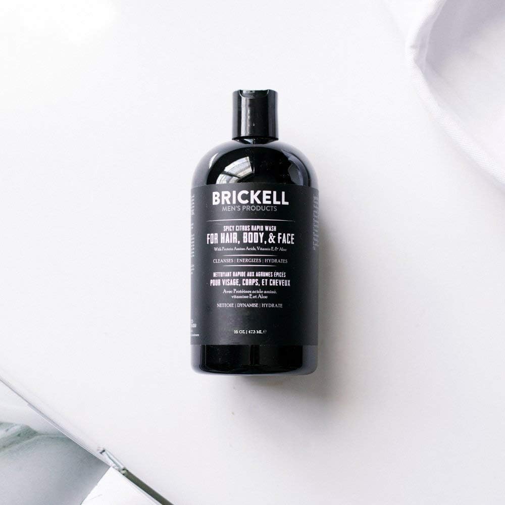 Brickell Men's Rapid Wash aloe-vitamin-e-moisture-boost highlights skin hydration benefits.