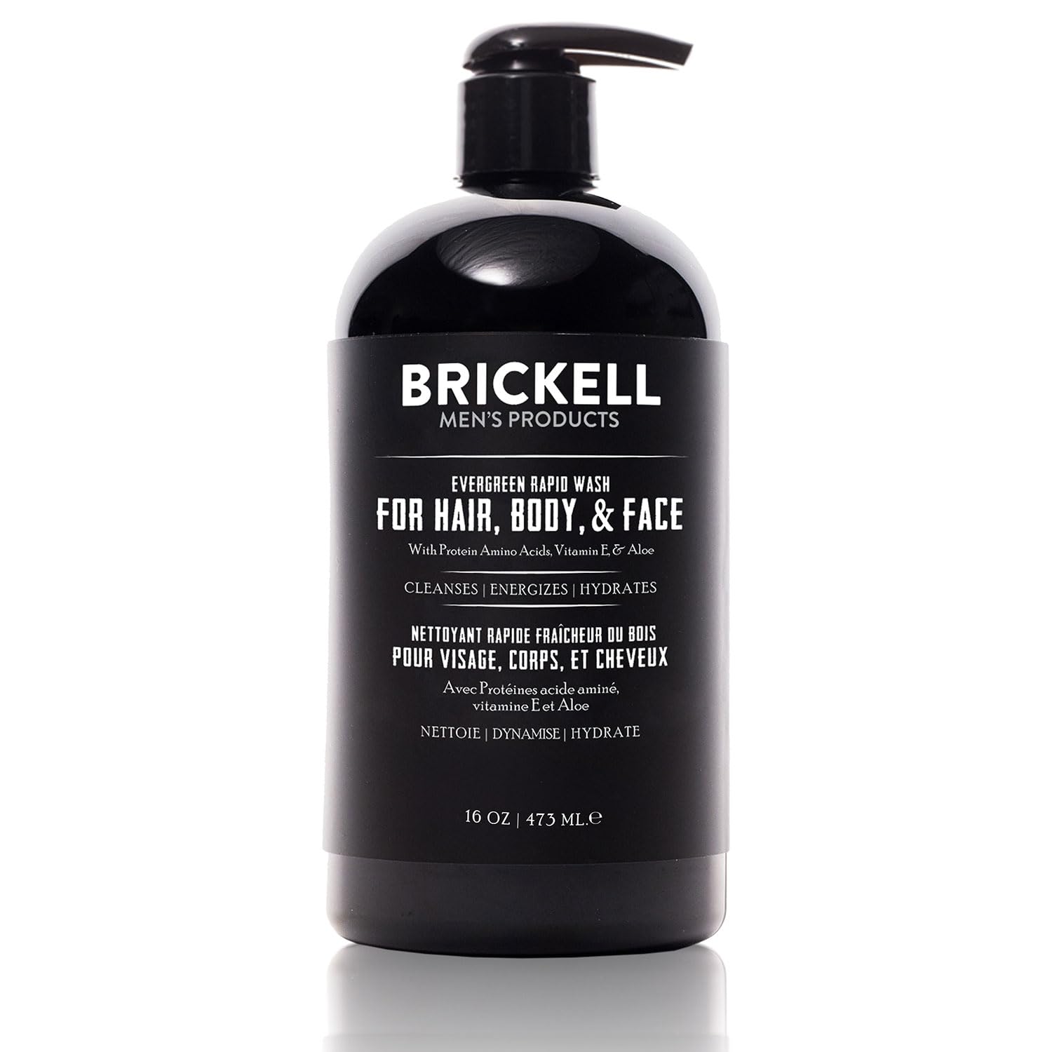 Brickell Men's Rapid Wash bottle front view shows evergreen scent for a refreshing morning routine.