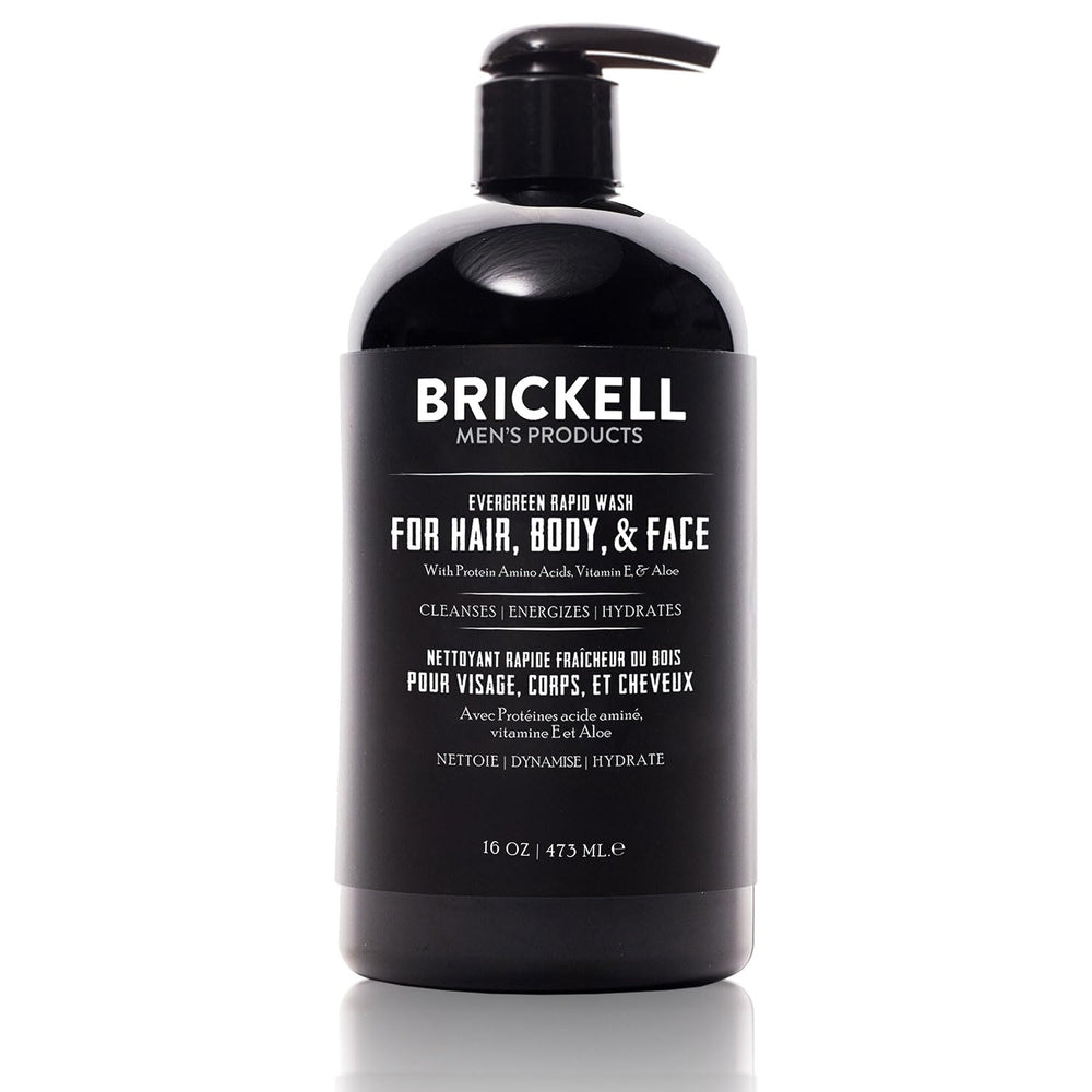 Brickell Men's Rapid Wash bottle front view shows evergreen scent for a refreshing morning routine.