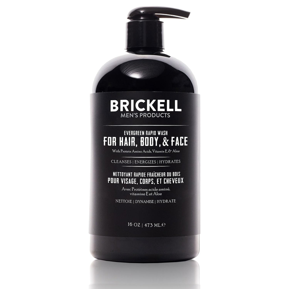 Brickell Men's Rapid Wash bottle front view shows evergreen scent for a refreshing morning routine.