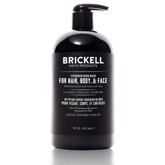 Brickell Men's Rapid Wash bottle front view shows evergreen scent for a refreshing morning routine.