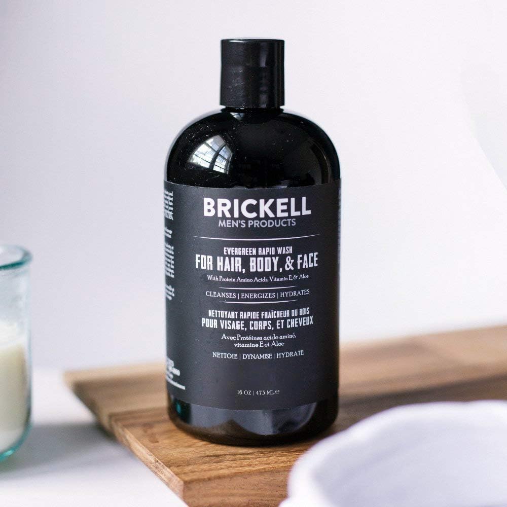 Brickell Men's Rapid Wash hair-lather close-up demonstrates cleansing action for energized hair.