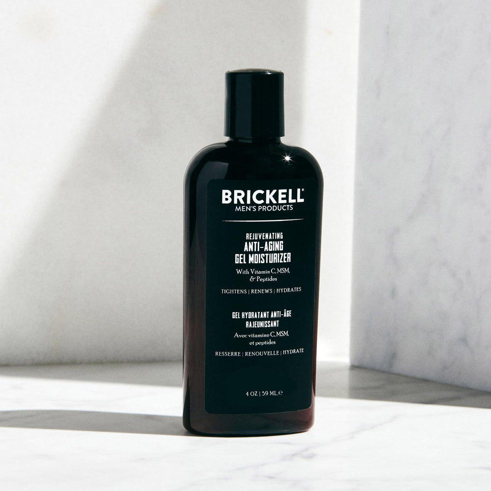 Brickell Men's Rejuvenating Gel on the face during application provides soothing, non-greasy hydration.