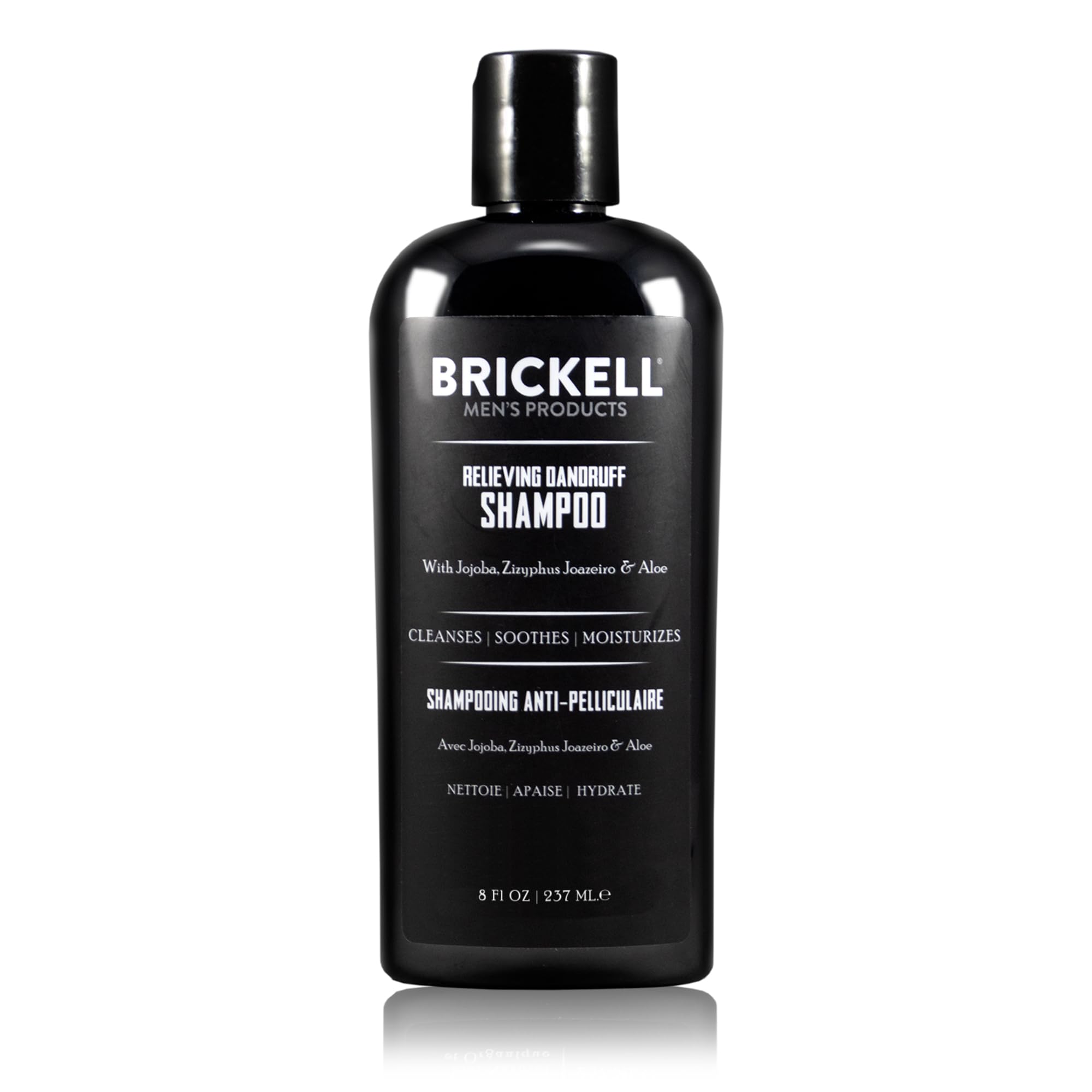 Brickell Men's Relieving Dandruff Shampoo bottle highlights natural formula for a flake-free scalp