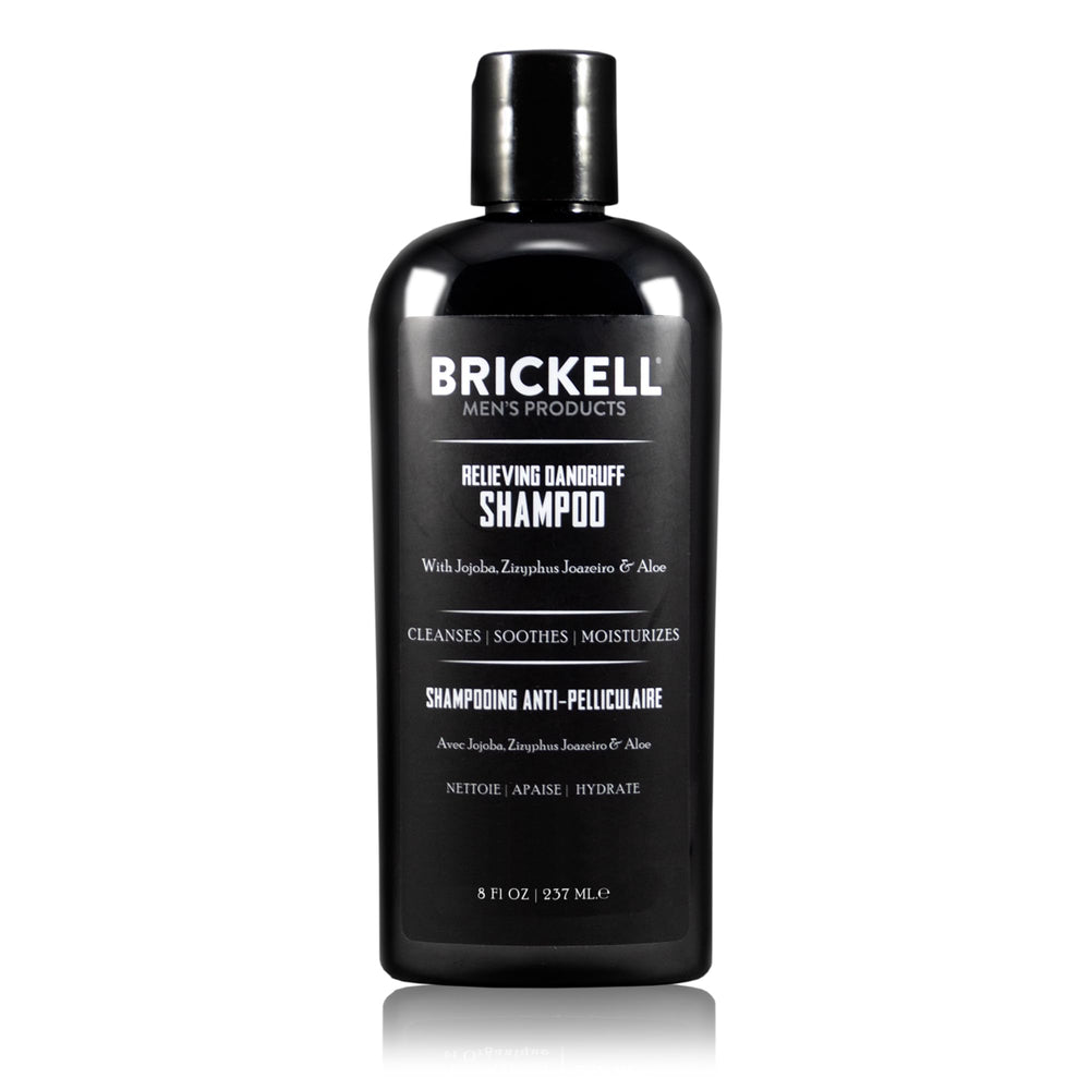 Brickell Men's Relieving Dandruff Shampoo bottle highlights natural formula for a flake-free scalp
