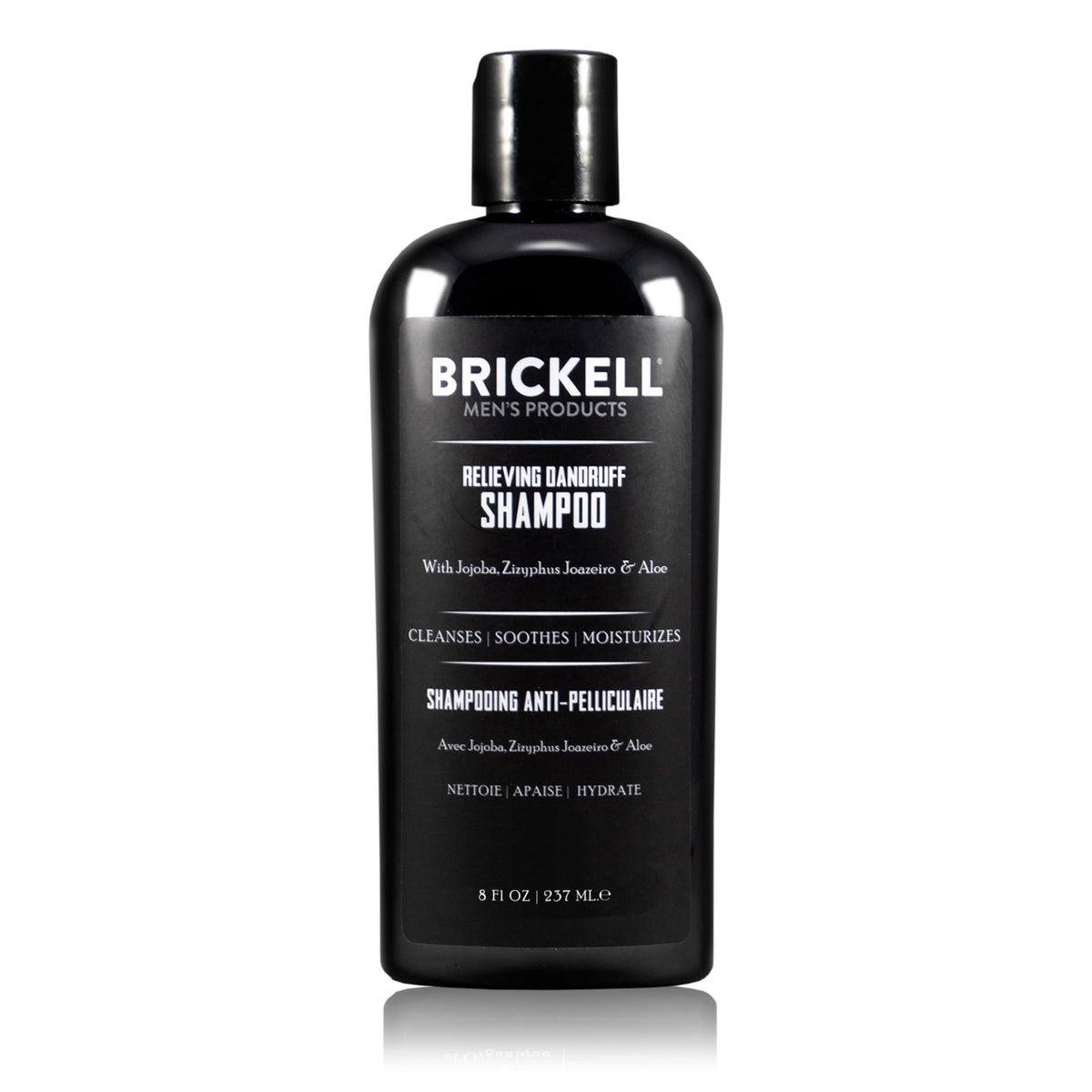 Brickell Men's Relieving Dandruff Shampoo bottle highlights natural formula for a flake-free scalp