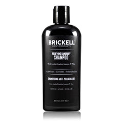 Brickell Men's Relieving Dandruff Shampoo bottle highlights natural formula for a flake-free scalp