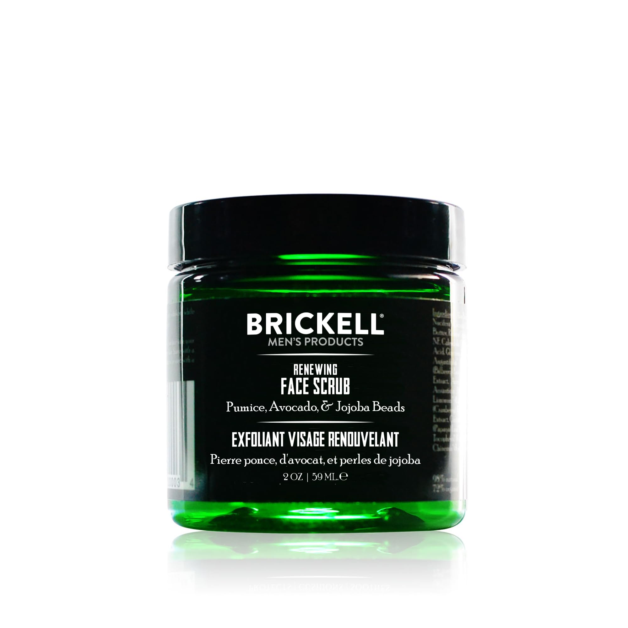 Brickell Men's Renewing Face Scrub jar closeup showing texture for refreshed skin.