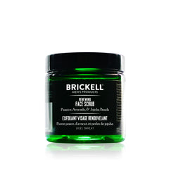 Brickell Men's Renewing Face Scrub jar closeup showing texture for refreshed skin.
