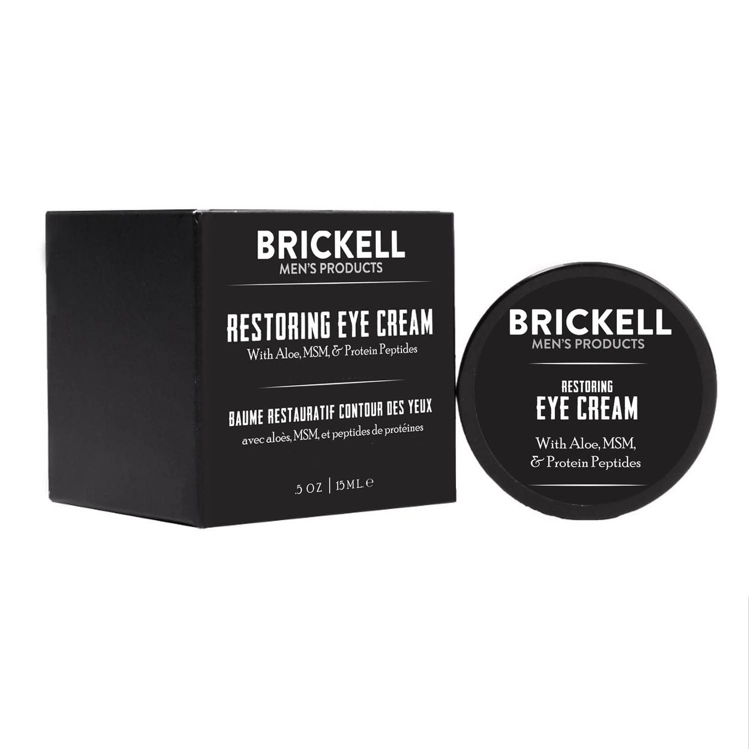 Brickell Men's Restoring Under Eye Cream packaging on shelf emphasizing unscented formula.