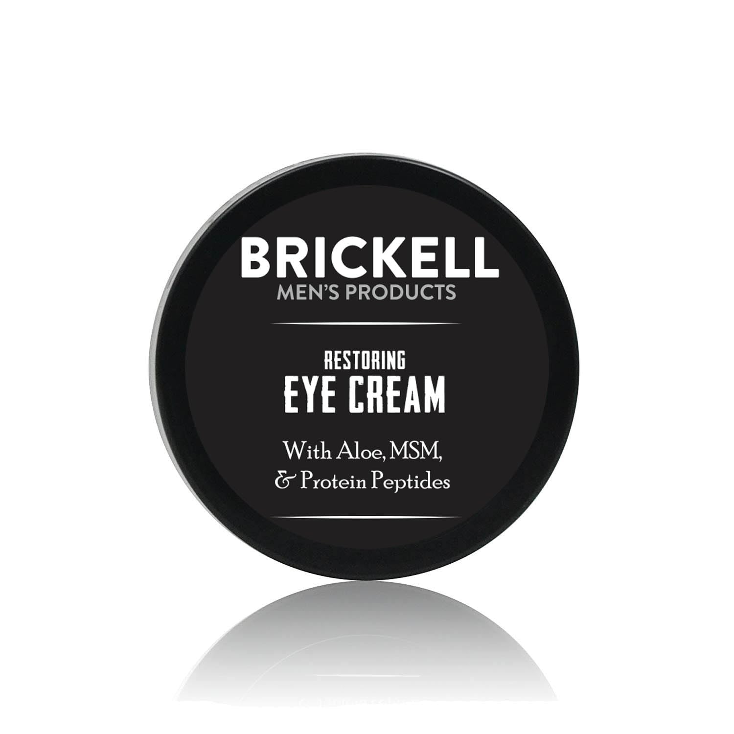 Brickell Men's Restoring Under Eye Cream tube ready for quick, unscented hydration around the eyes.