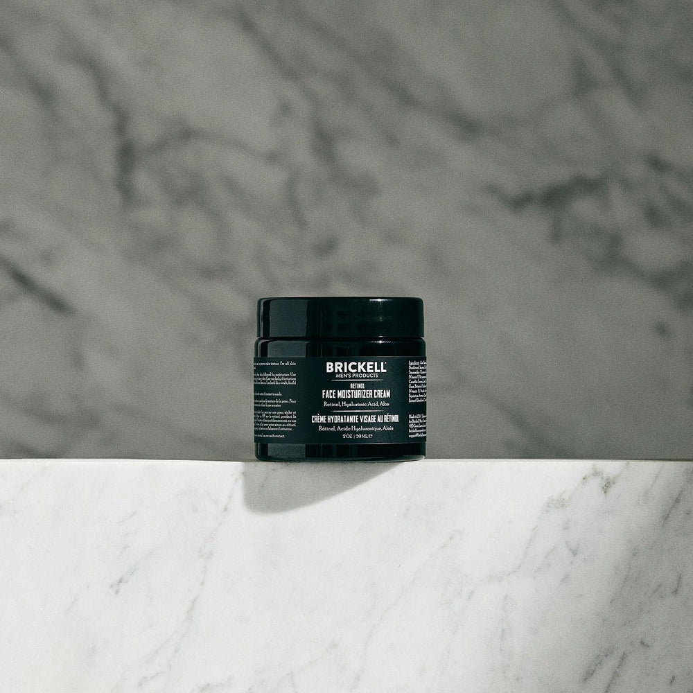 Brickell Men's Retinol Face Moisturizer with hyaluronic acid emphasizes hydration and plumping.