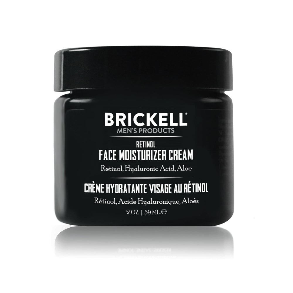 Brickell Men's Retinol Face Moisturizer jar closeup highlighting fragrance-free night care.