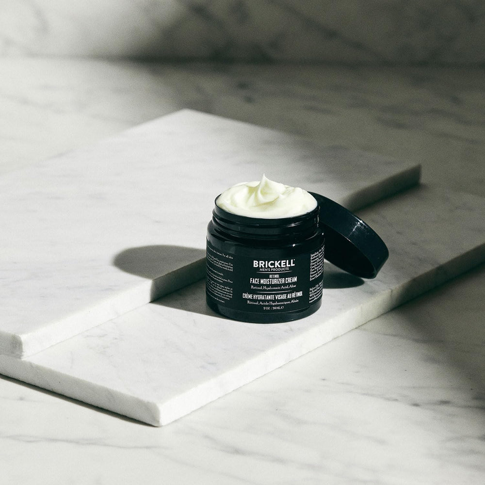 Brickell Men's Retinol Face Moisturizer texture closeup reveals creamy absorption.