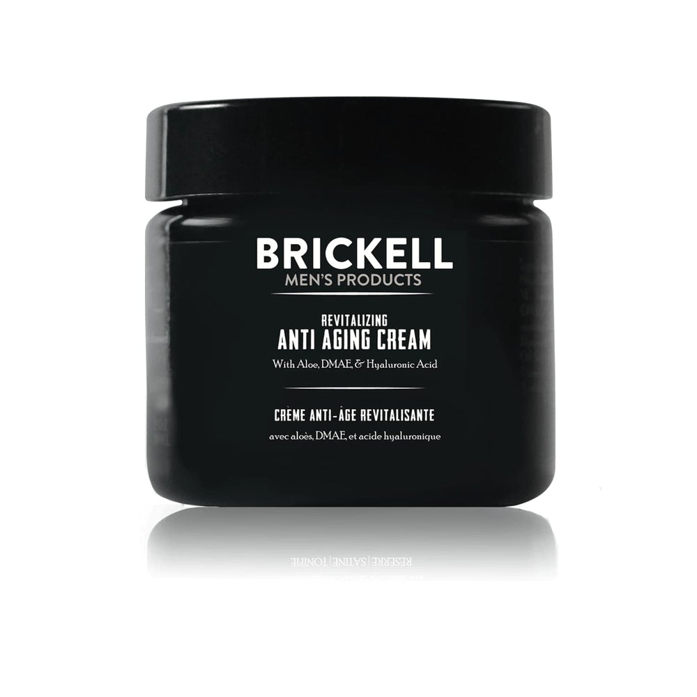 Brickell Men's Revitalizing Anti-Aging Cream jar shows unscented night formula for men