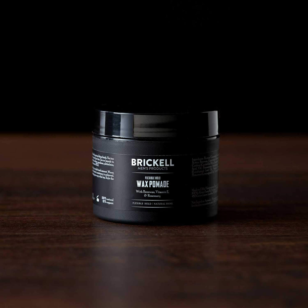 Brickell Men's scented pomade detail hints at a clean, masculine fragrance for daily wear.