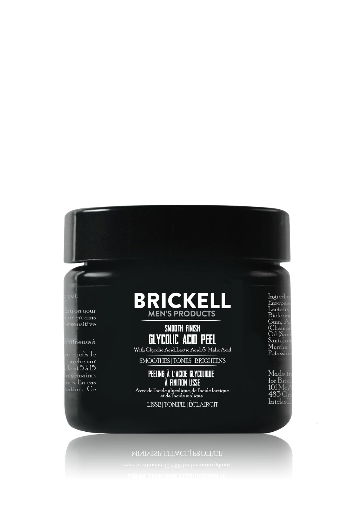 Brickell Men's Smooth Finish glycolic peel bottle closeup for refined skin texture