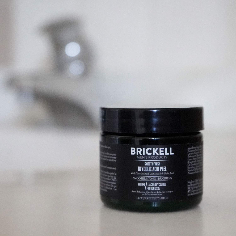 Brickell Men's Smooth Finish glycolic peel ingredients closeup featuring glycolic acid and MSM