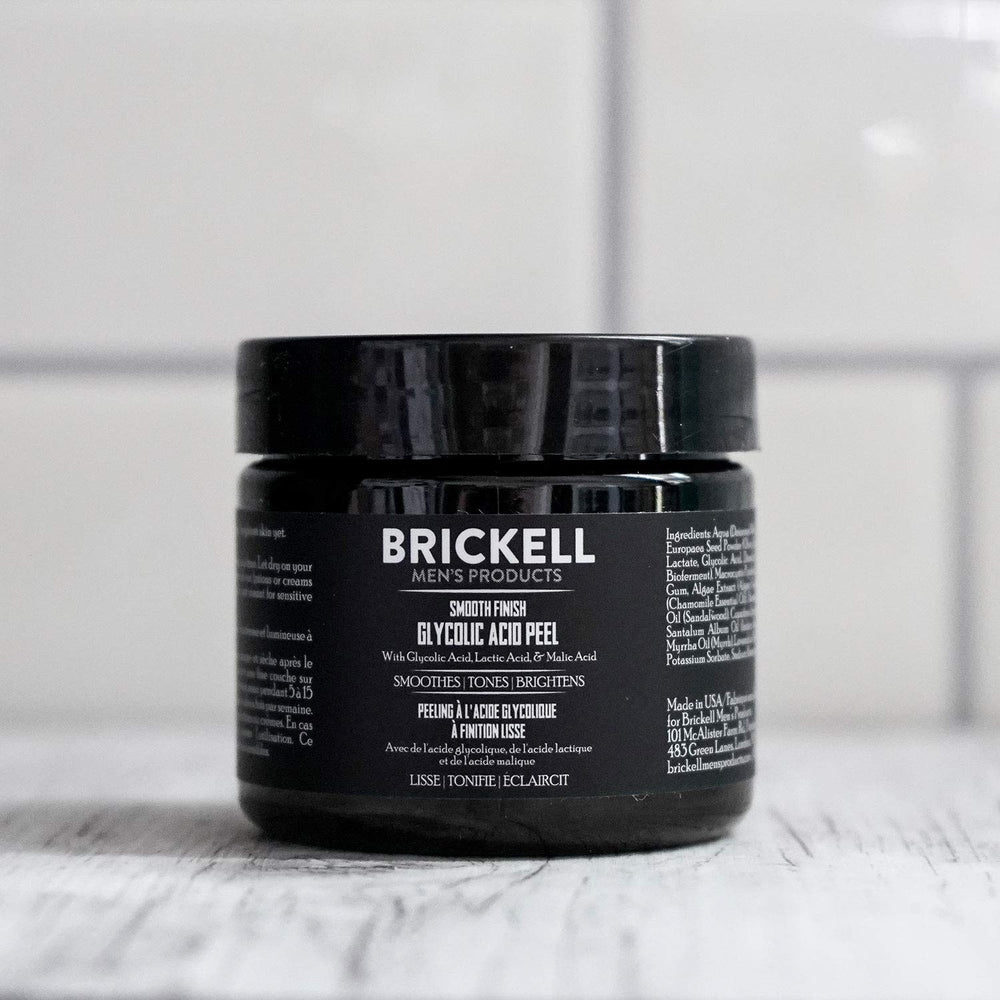 Brickell Men's Smooth Finish peel application scene highlights routine-friendly skin rejuvenation
