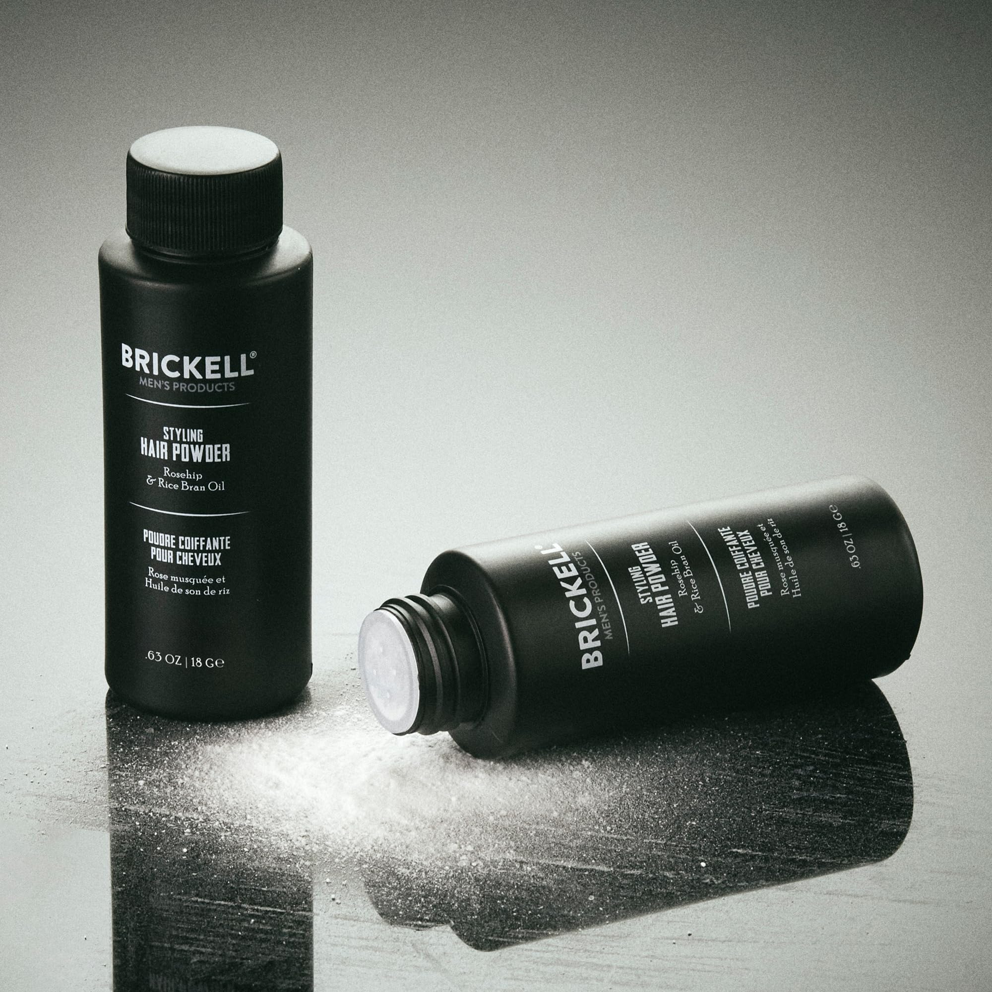 Brickell Hair Powder ingredient panel with rosehip and rice bran.