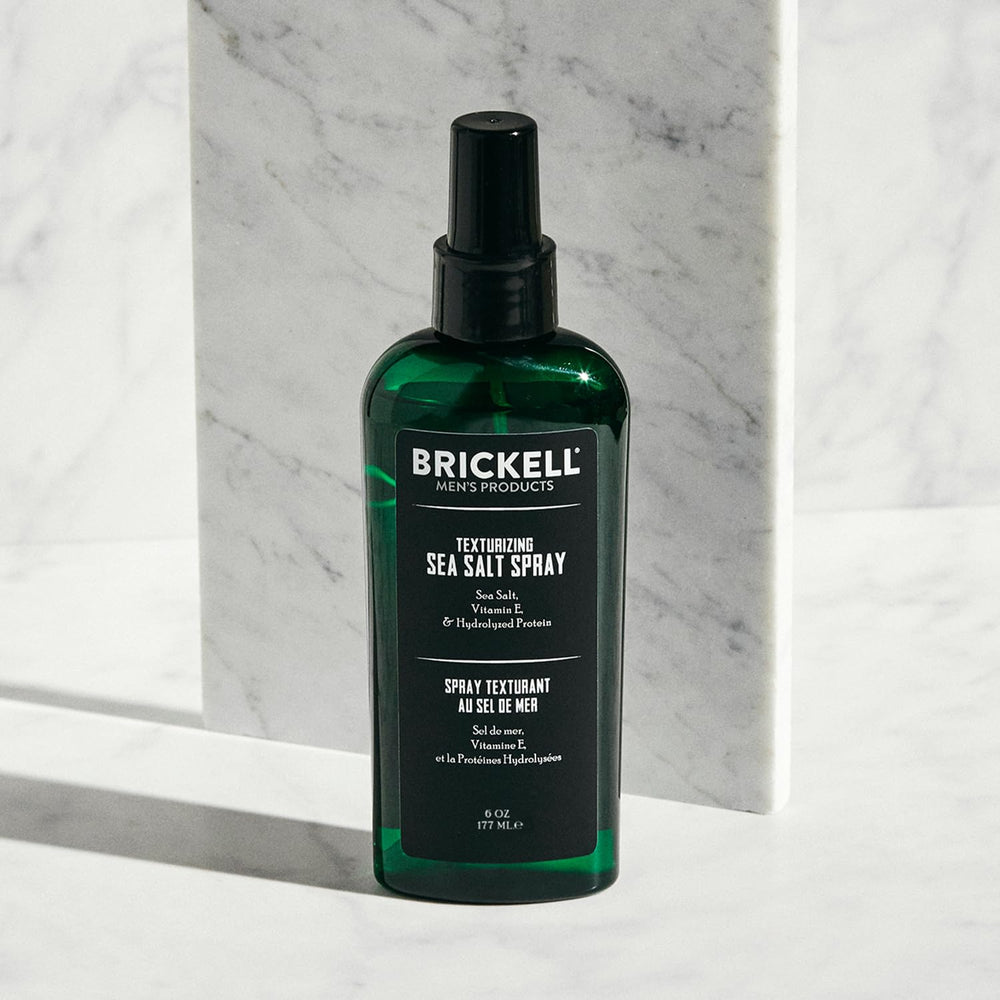 Brickell Men's Texturizing Sea Salt Spray application demonstrates quick styling and even texture.