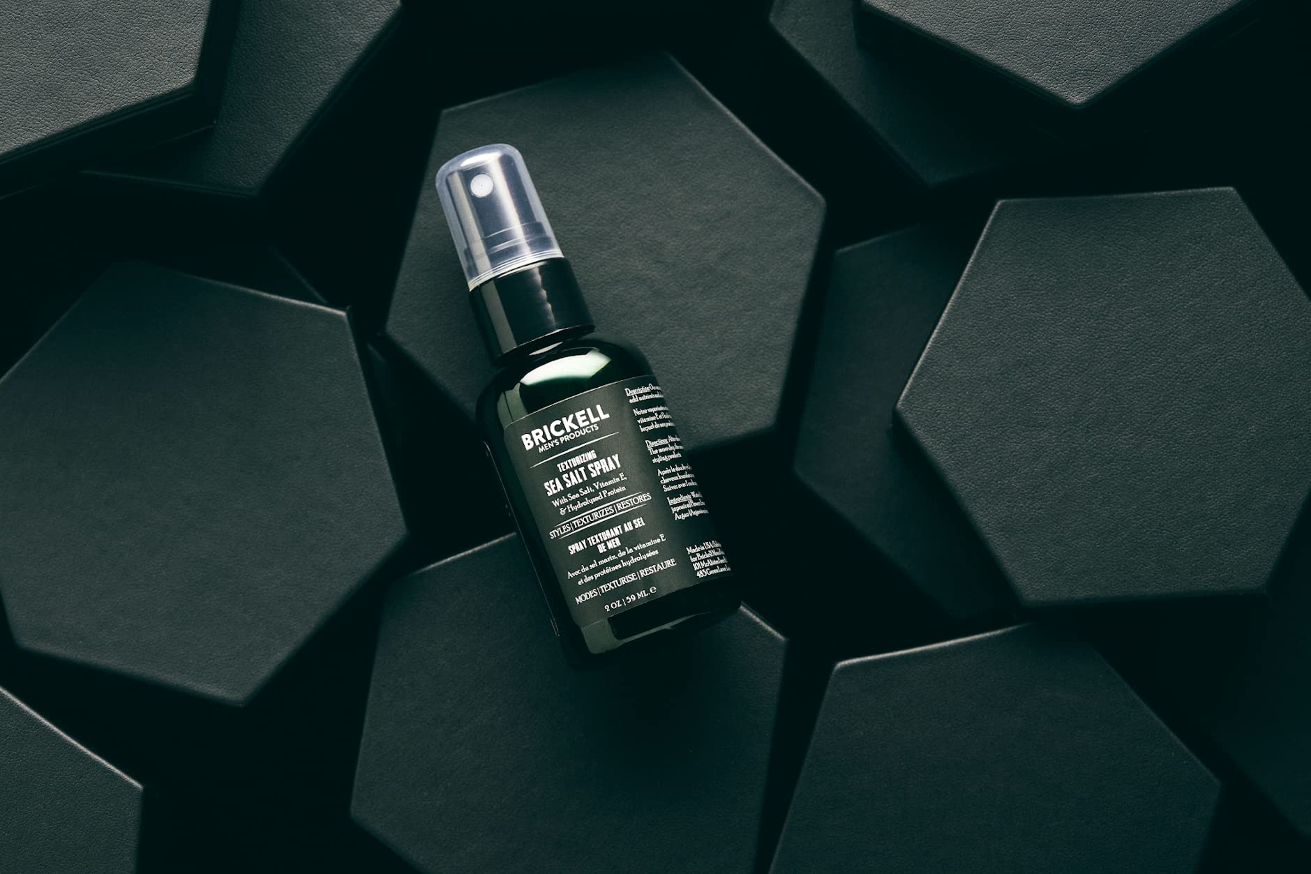 Brickell Men's Texturizing Sea Salt Spray ingredients label highlights natural formula