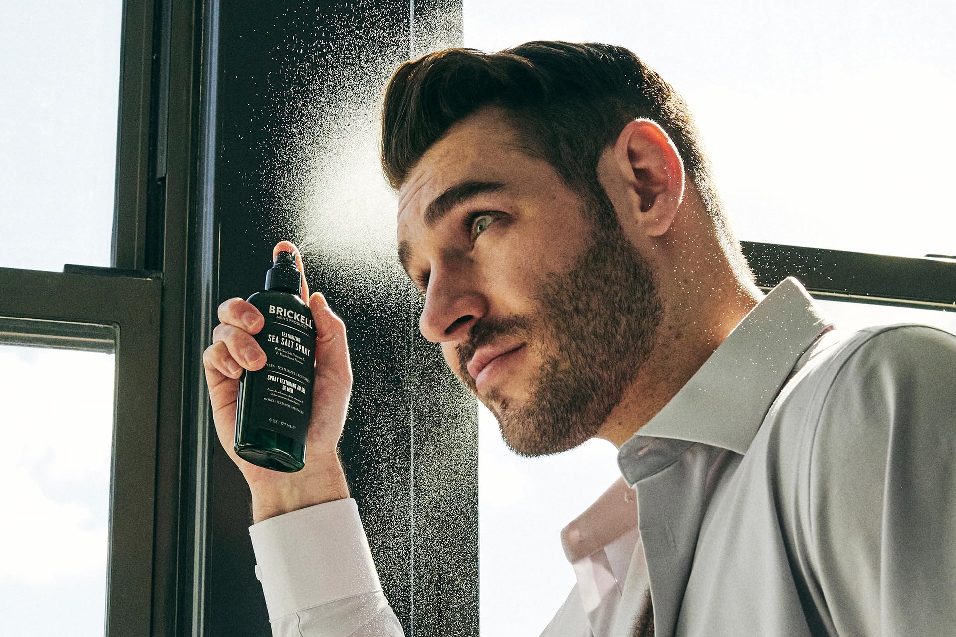 Brickell Men's Texturizing Sea Salt Spray packaging emphasizes natural, organic formula.