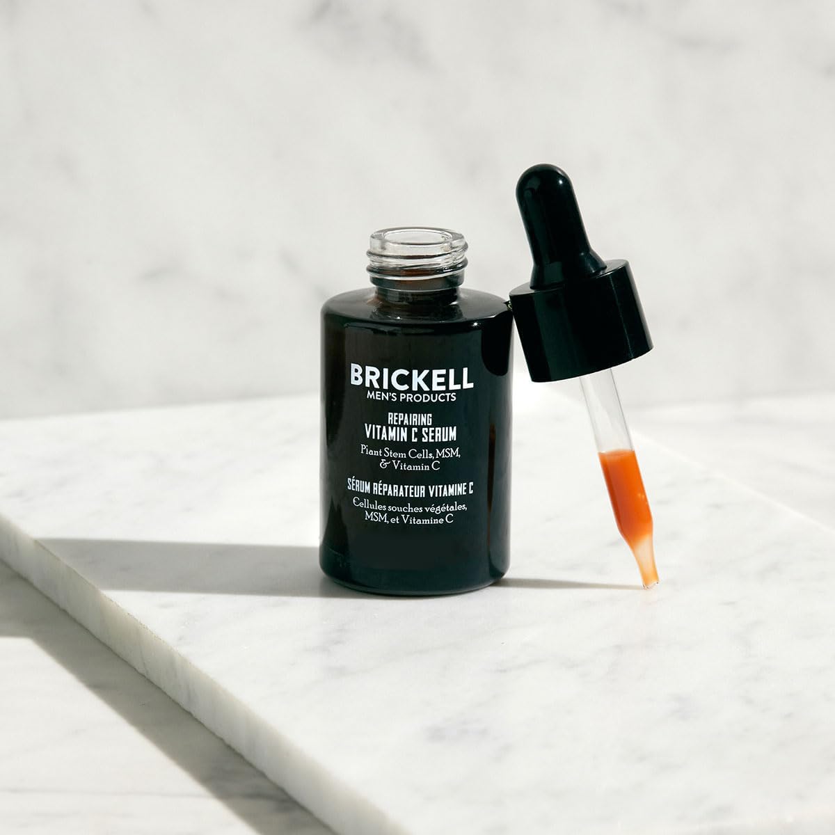 Brickell Men's Vitamin C Serum closeup ingredients, highlighting natural, organic formula.
